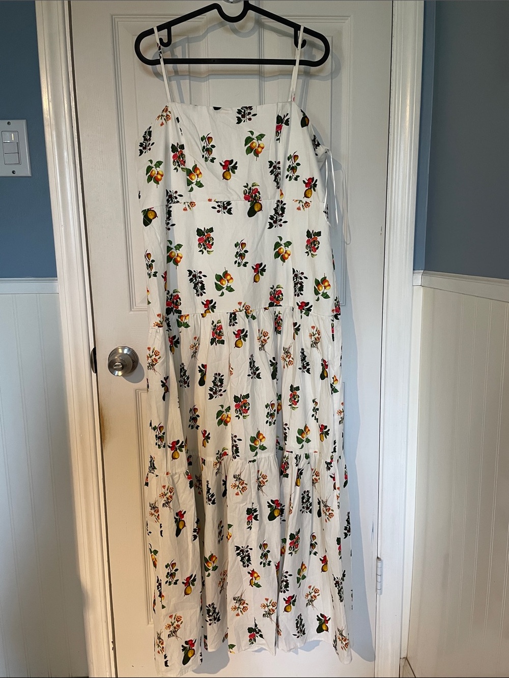Francesca's White Maxi Dress with Fruit & Floral Print